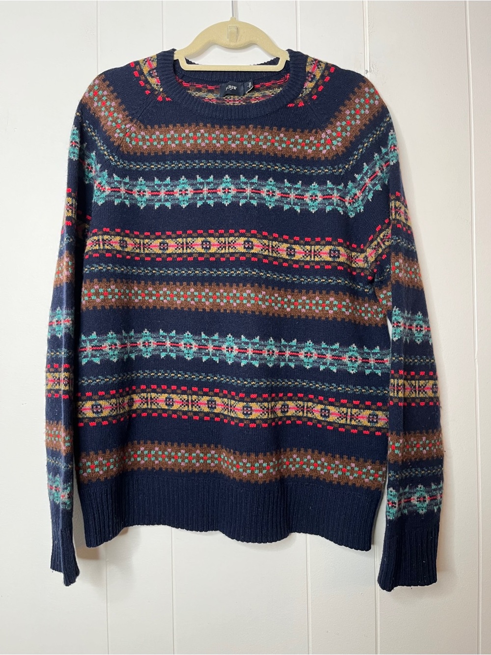 J.Crew Factory Men's Navy Fair Isle Lambswool Crewneck Sweater Size L